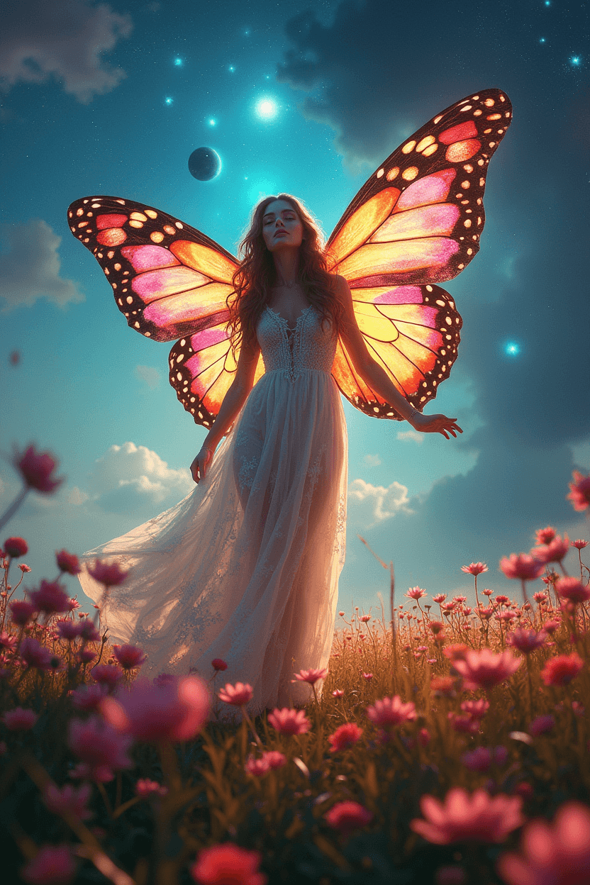 AI generated: full body picture of a beautiful woman as a butterfly in a fantasy world she has a mystical aura,she...