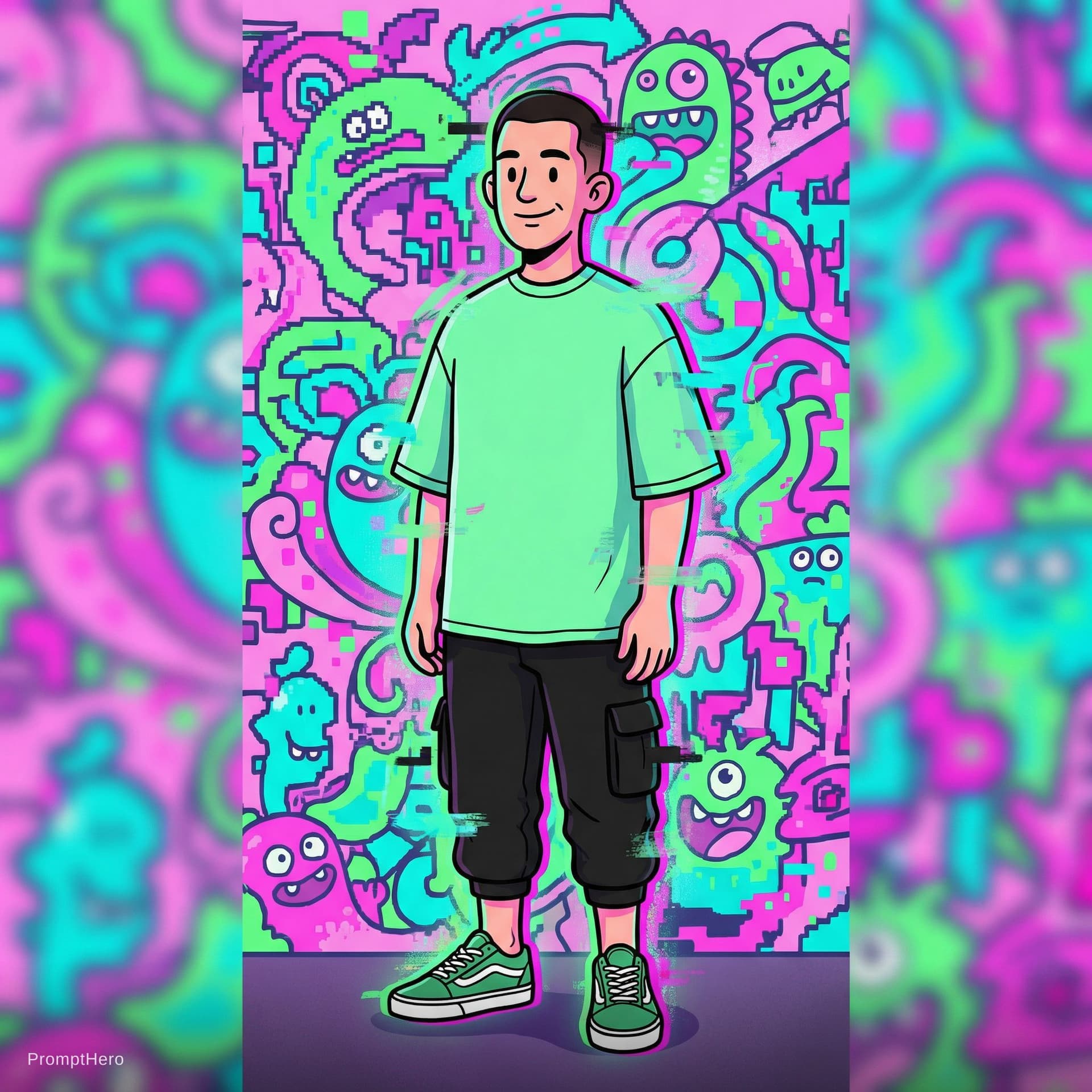 AI generated: creative illustration art, full-body of an man, wearing a mint green color over-fit T-shirt and blac...