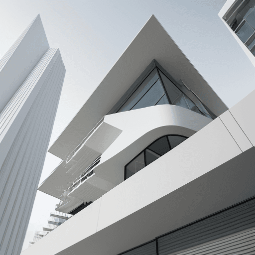AI generated: photography, dynamic view, minimalist building facade design, Canon EOS 5D Mark IV, EF 24mm f/1.4L I...