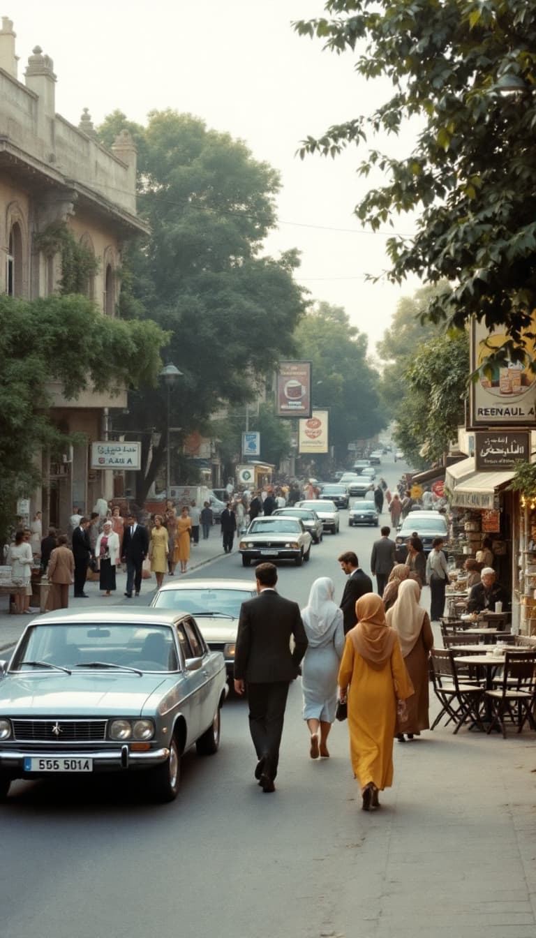 AI generated: A bustling street scene in Karaj during the 1970s, showcasing the distinctive architecture and atmos...