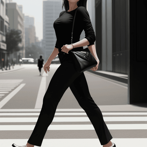 AI generated: The image features a  woman wearing a black shirt and black pants, walking down a street while carry...