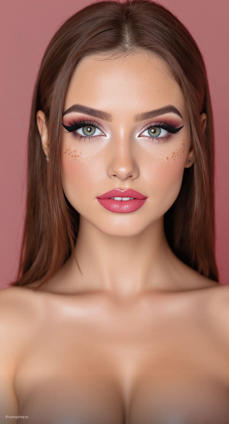 AI generated: youthful, softly defined face features striking, doll-like blue-green eyes framed by dramatically el...