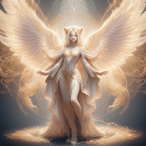 AI generated: A full body photo shot of an angelic mythical lion with four outstretched feathery wings with glowin...