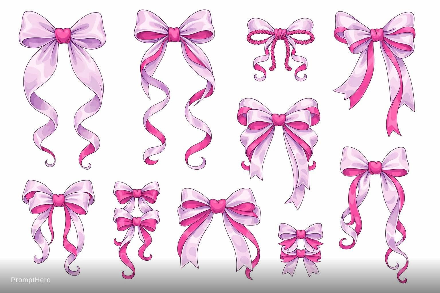 AI generated: Premium coquette bows clipart, 10 unique designs on pure white, thin detailed linework + soft fills ...