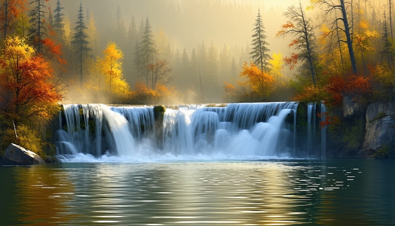 AI generated: A gentle autumn waterfall flowing smoothly into a reflective lake, surrounded by softly blurred tree...