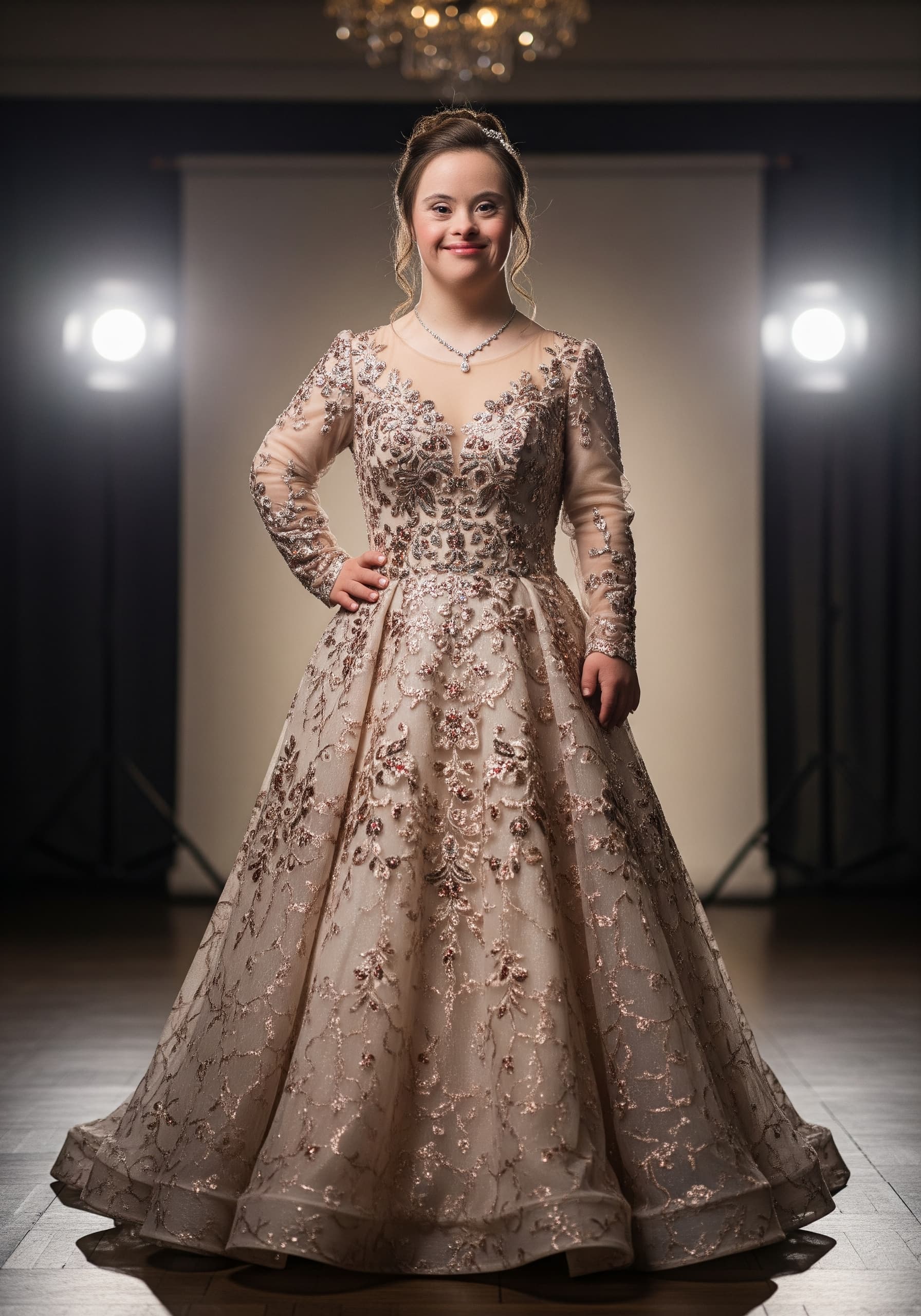 AI generated: An elegant full-length portrait of a confident model with features characteristic of Down Syndrome, ...