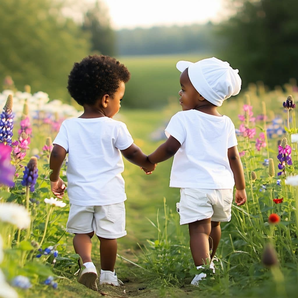 AI generated: Two young children, one black,one white, holding hands as they walk through a field of flowers 