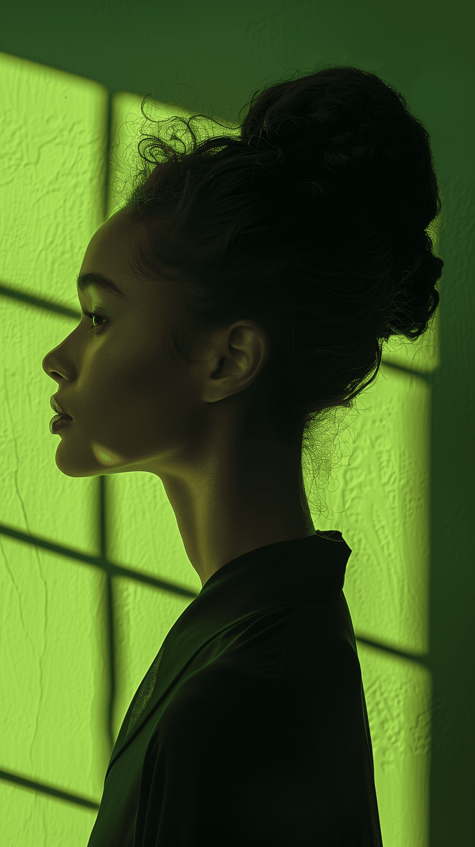 AI generated: photography, portrait of contrast, profile silhouette of a woman, vibrant green backdrop, visualize ...