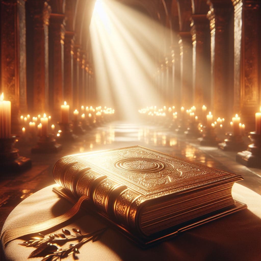 AI generated: Hyper-realistic depiction of a sacred book in an illuminated and tranquil setting. Using Octane Rend...