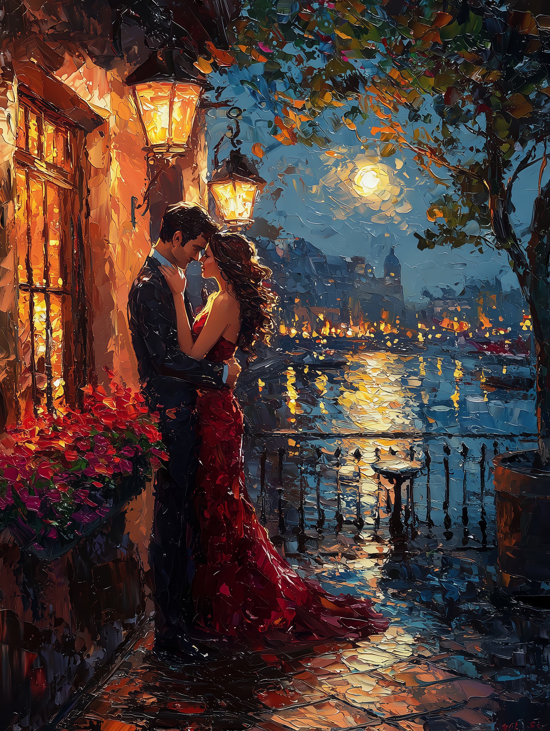AI generated: A romantic oil painting in a lush, painterly fantasy style, with thick impasto brushstrokes and glow...