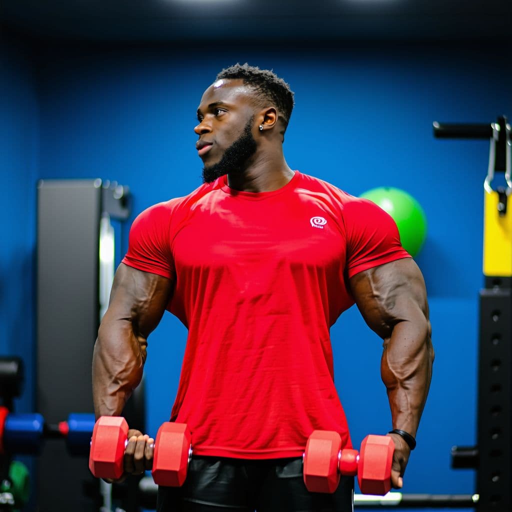 AI generated: a strong muscular man full body view holding small 1kg red color neoprene dumbbells in gym exercisin...
