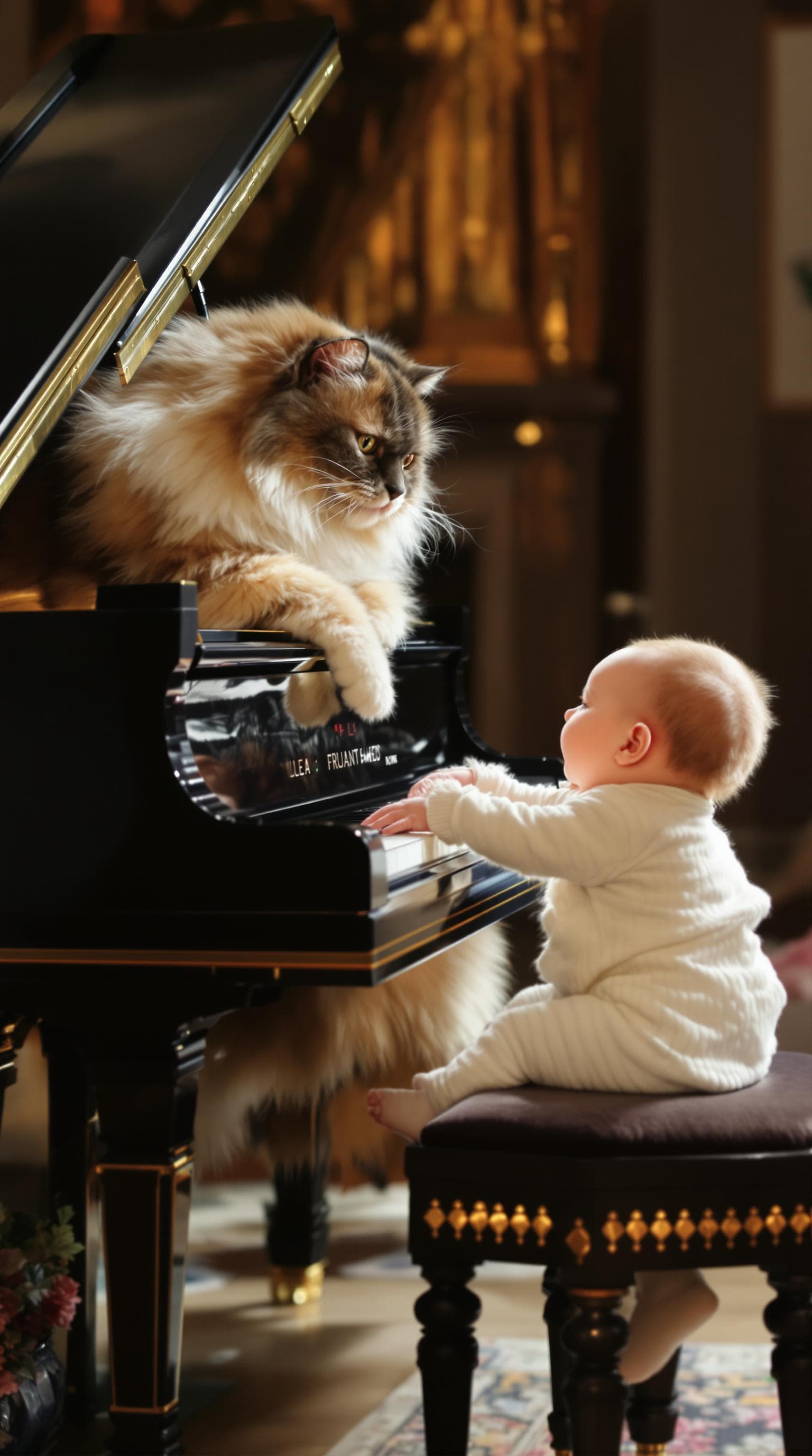 AI generated: A hyper-realistic image of a fluffy Persian cat sitting upright on a stool, elegantly playing a gran...