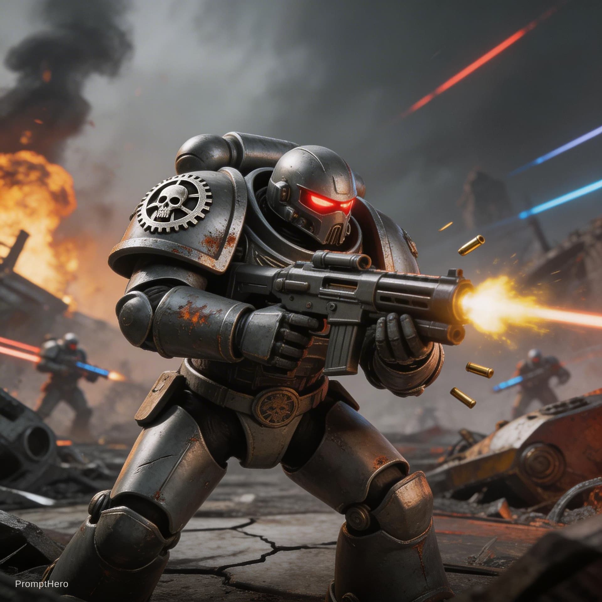 AI generated: iron talons space marine from Warhammer 40k in the middle of a battle