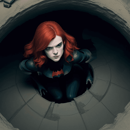 AI generated: Rose Leslie as Batwoman, down in a pit, seen from above. 
