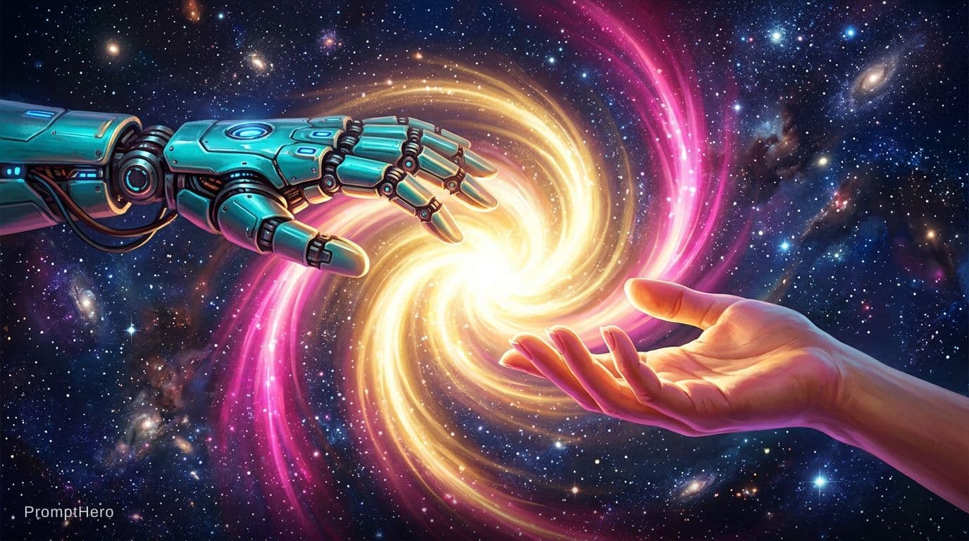 AI generated: 2 Hands. Hand 1: Robot hand, colour turquois metal, relaxed open palm downward. Hand 2: Human, femal...
