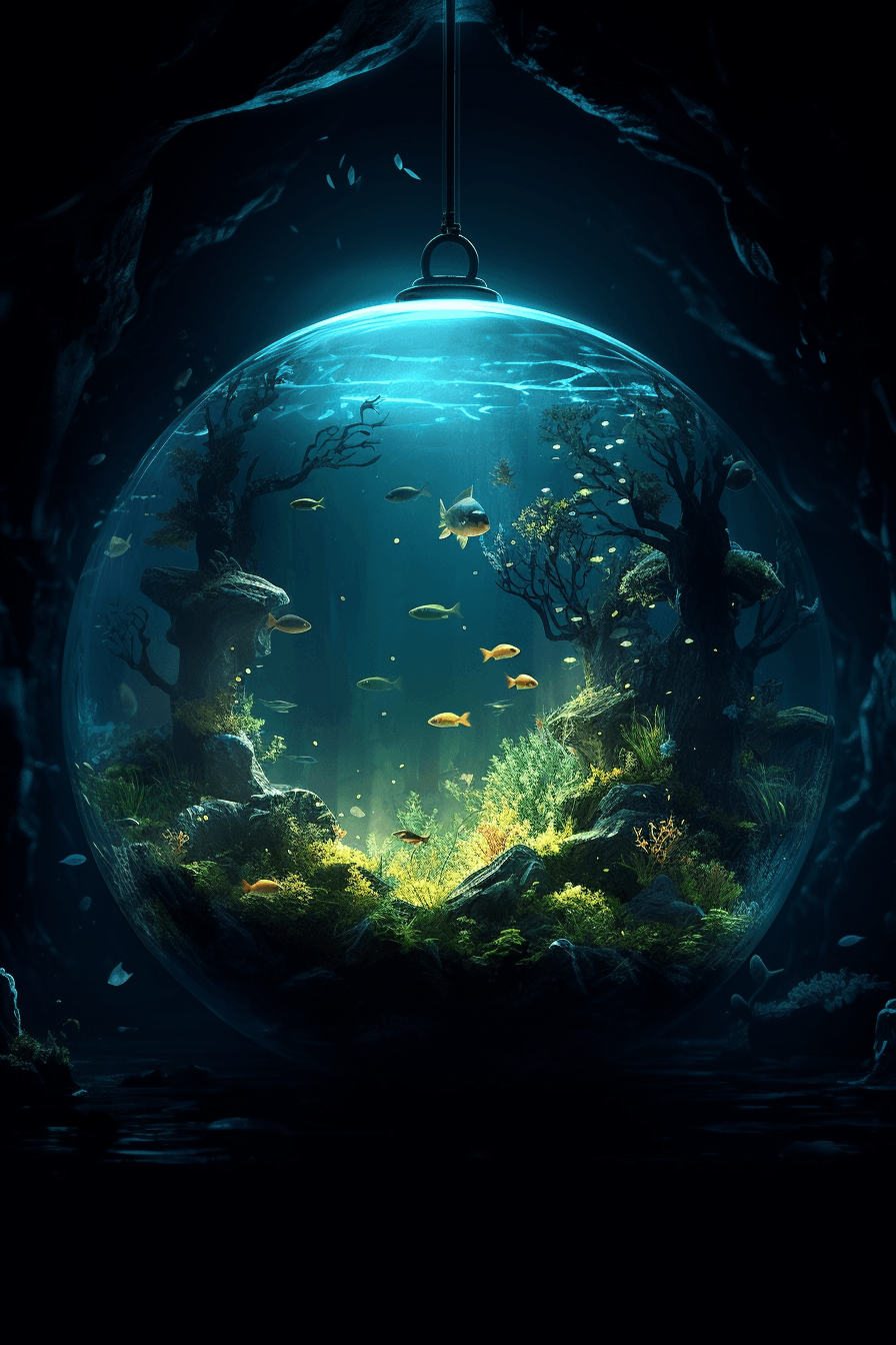 AI generated: A breathtaking fishbowl suspended underwater in a deep ocean trench, with bioluminescent creatures i...