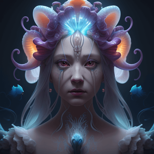 AI generated: Goddess close-up portrait ribcagel. jellyfish phoenix head, nautilus, orchid, skull, betta fish, bio...