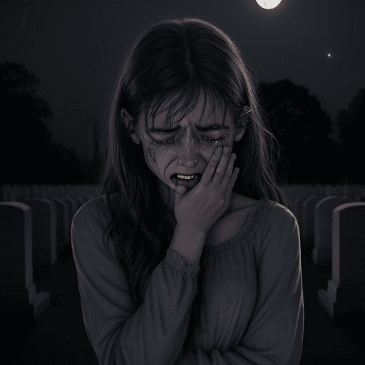 AI generated: [full moon], [photographic], realistic, [hyper realistic], [a girl crying nearly the grave and a suf...