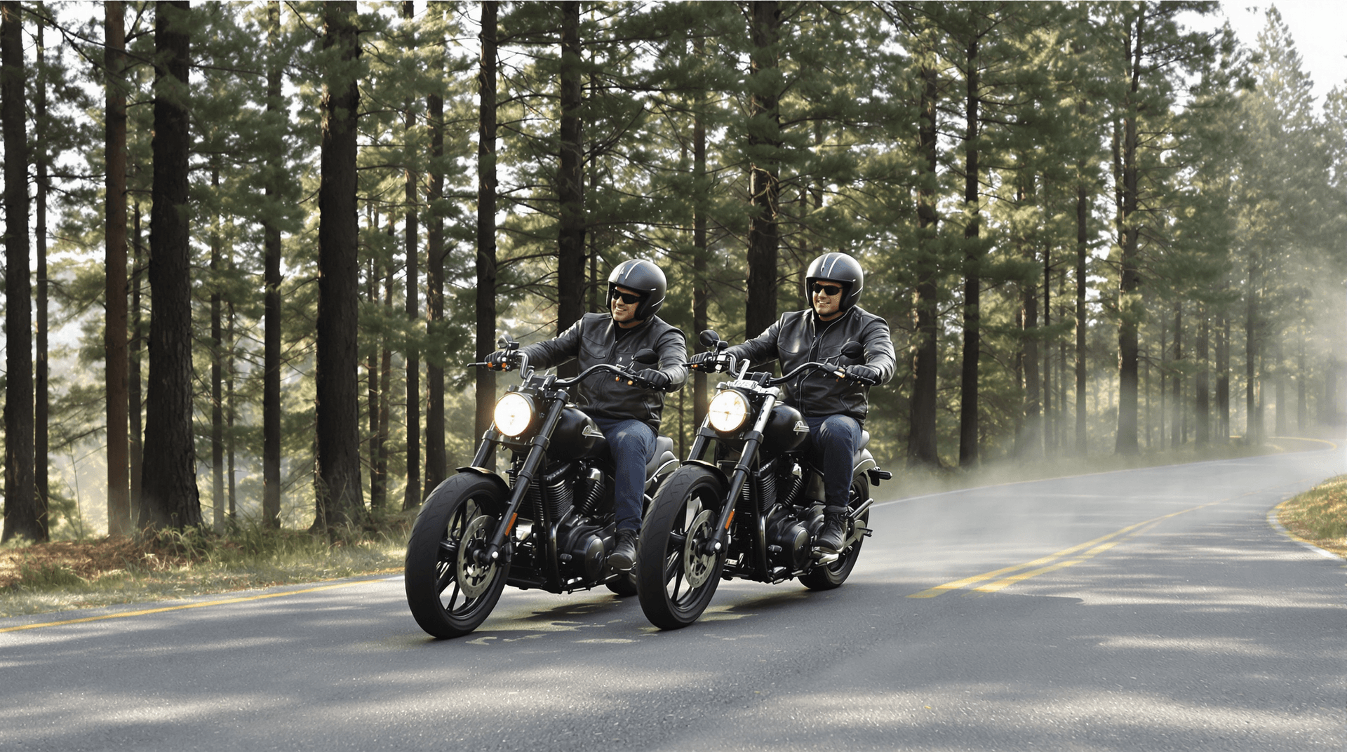 AI generated: Imagine two bikers (with helmets) on sleek black chopper-style motorcycles, their engines roaring in...