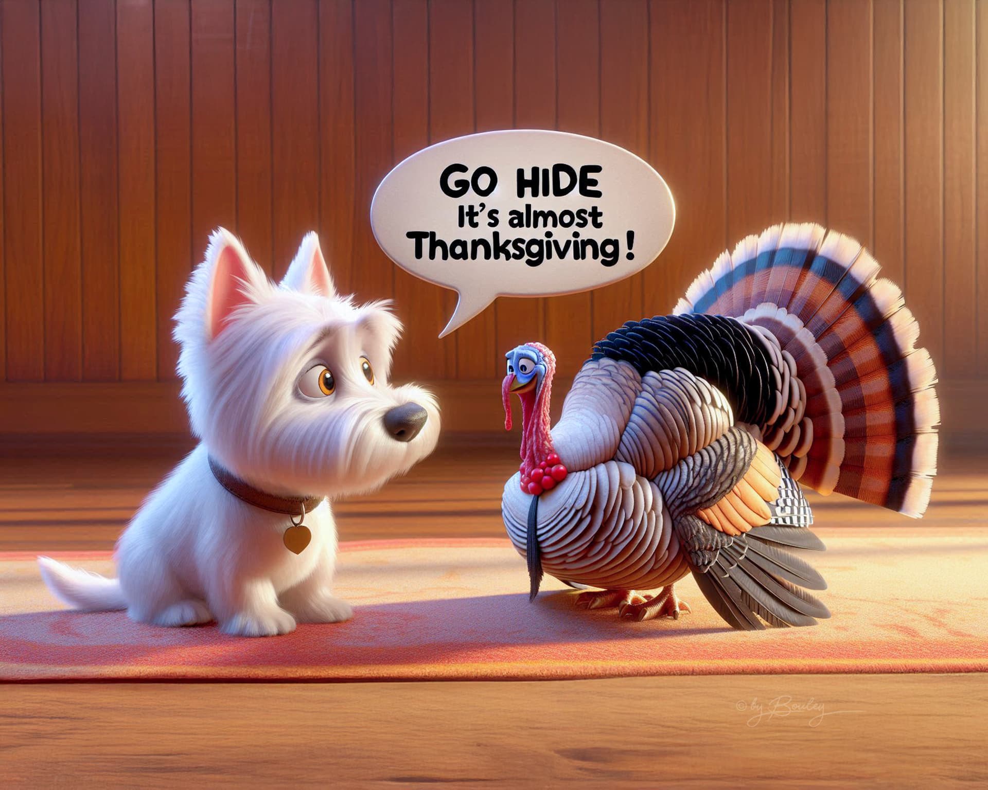 AI generated: in 3D Disney Pixar a White West Highland Terrier with speech bubble "Go Hide It's Almost Thanksgivin...