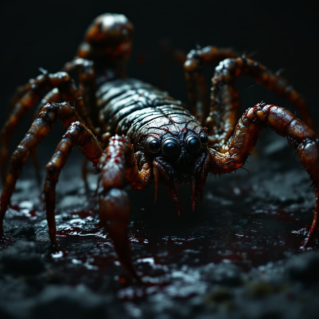 AI generated: very realistic creepy scorpions, natural light, high detail skin, creepy setting, horror, dripping w...