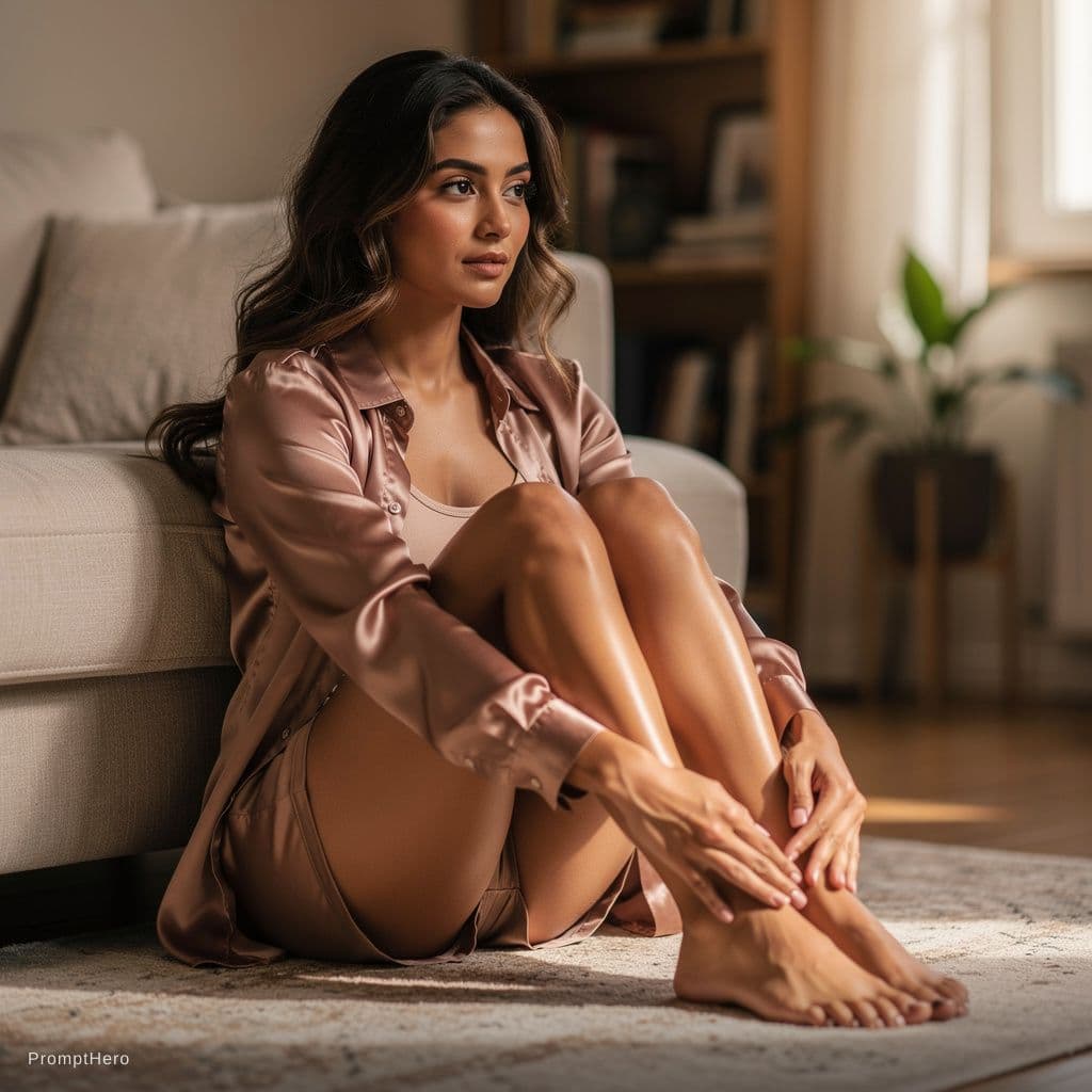 AI generated: 25yo young Latina woman sitting on the bed, legs bent and knees up, wearing satin shorts and a long-...