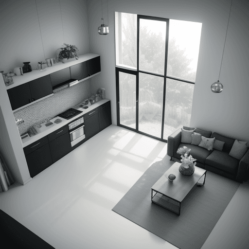 AI generated: Hyper realistic home with living room, kitchen and bedroom seen from above (axonometry), modern mini...