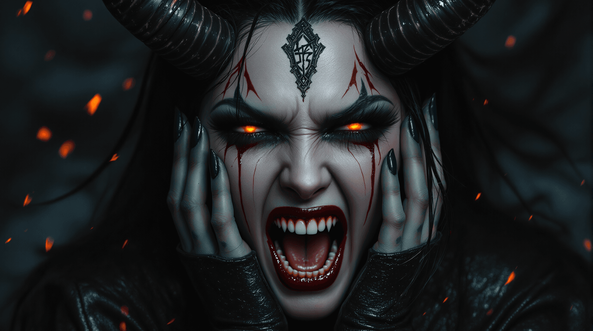 AI generated: An extreme close-up, Record cover-art portrait of **Lilith (A female demon in a dramatic portrait. S...