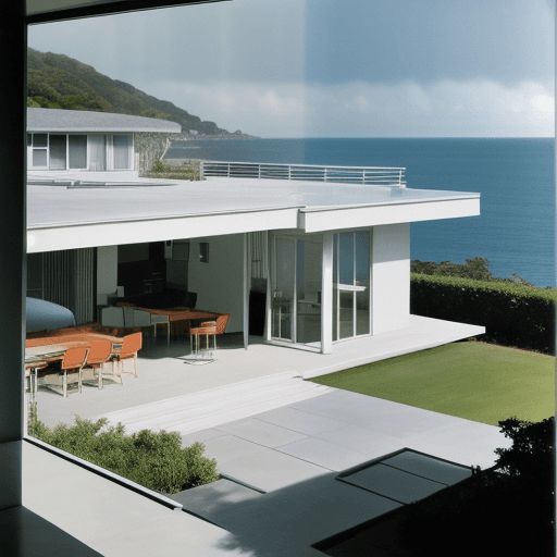 AI generated: Hyper realistic eye level exterior photo of a mid century modern style house overlooking the ocean, ...