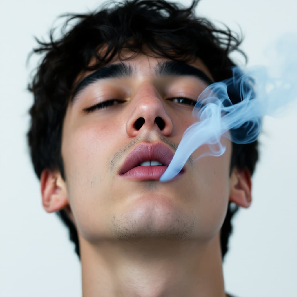 AI generated: close-up of a young man with pale blue smoke curling from his lips against a stark white background,...