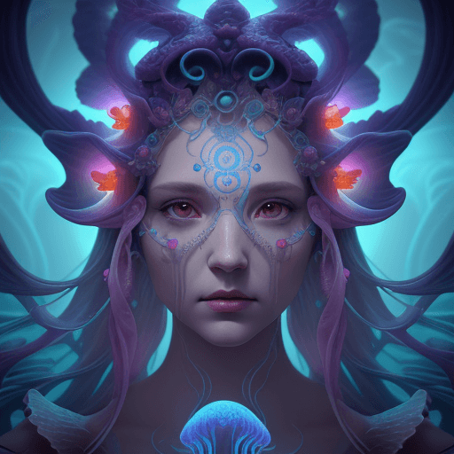 AI generated: Goddess close-up portrait ribcagel. jellyfish phoenix head, nautilus, orchid, skull, betta fish, bio...