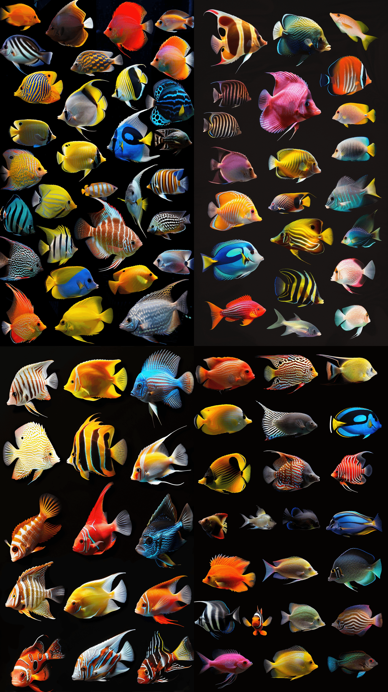 AI generated: 30 different colorful tropical fish against a black background in the hyper realistic style. --ar 9:...