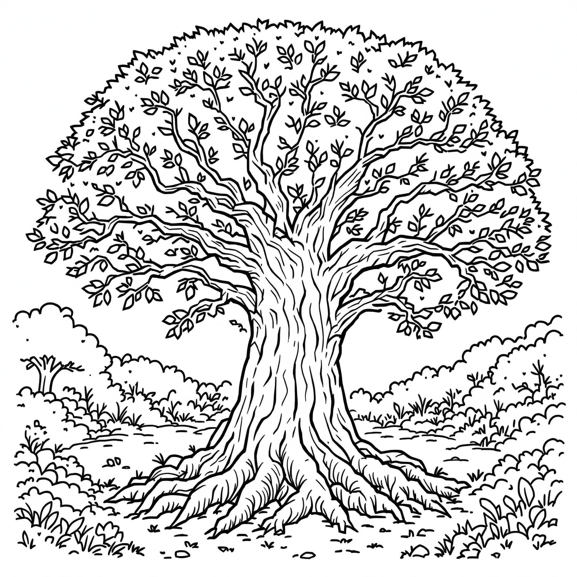 AI generated: Blank, simple illustration "An old oak tree with sprawling roots and decorative leaves in a whimsica...