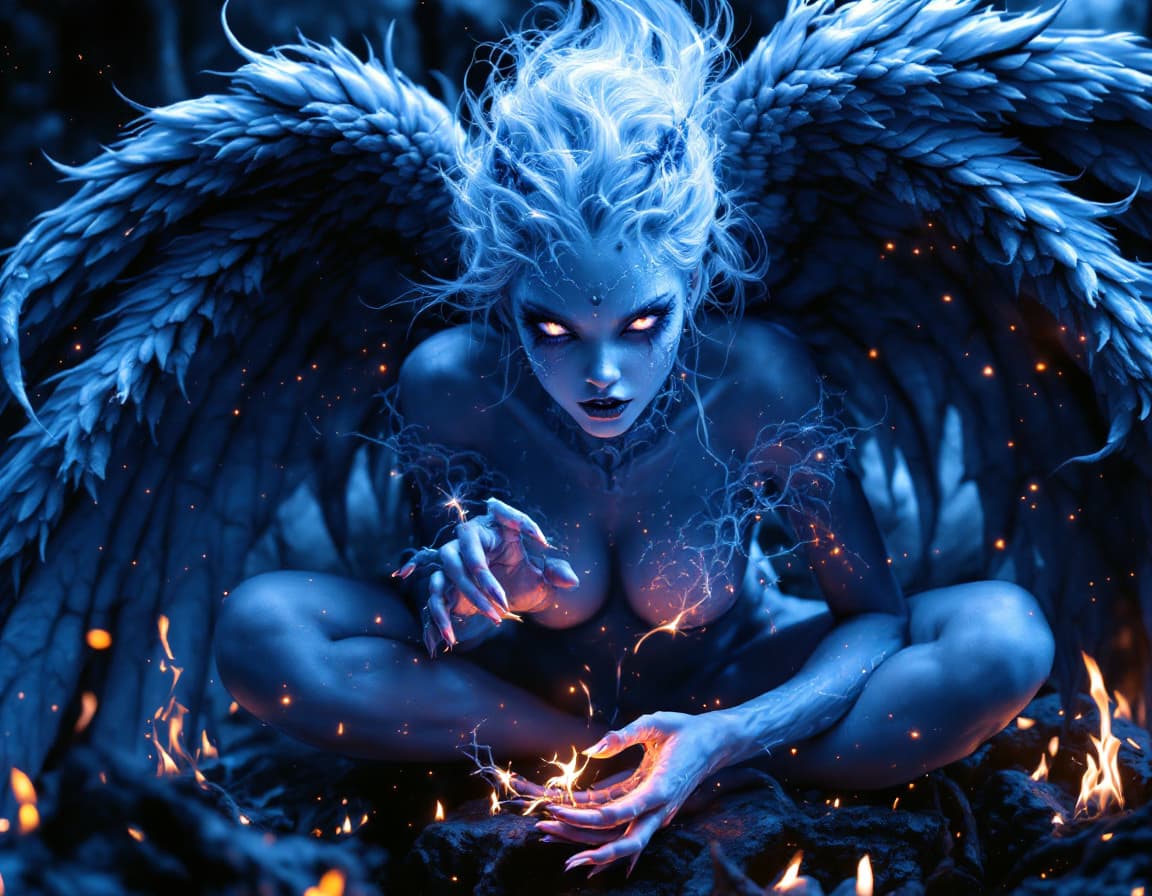 AI generated: black light poster of a intricate portrait of An amazing mythical female angel creature, barefoot, f...