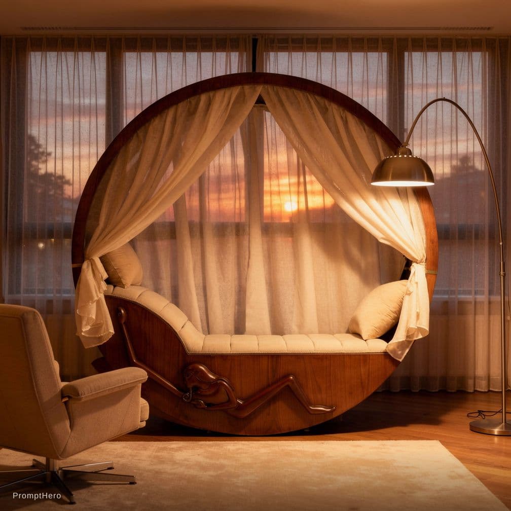 AI generated: mid-sized living room with a candid angle, dieter Rams 620 chair program, flos Arco floor lamp, Niko...