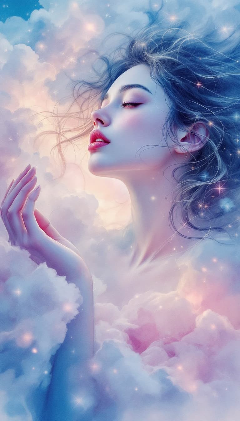 AI generated: Sketch Art, Delicate Pastel Lines, Dreamlike Brushstrokes, Alluring, Woman in a Dream, Floating in t...