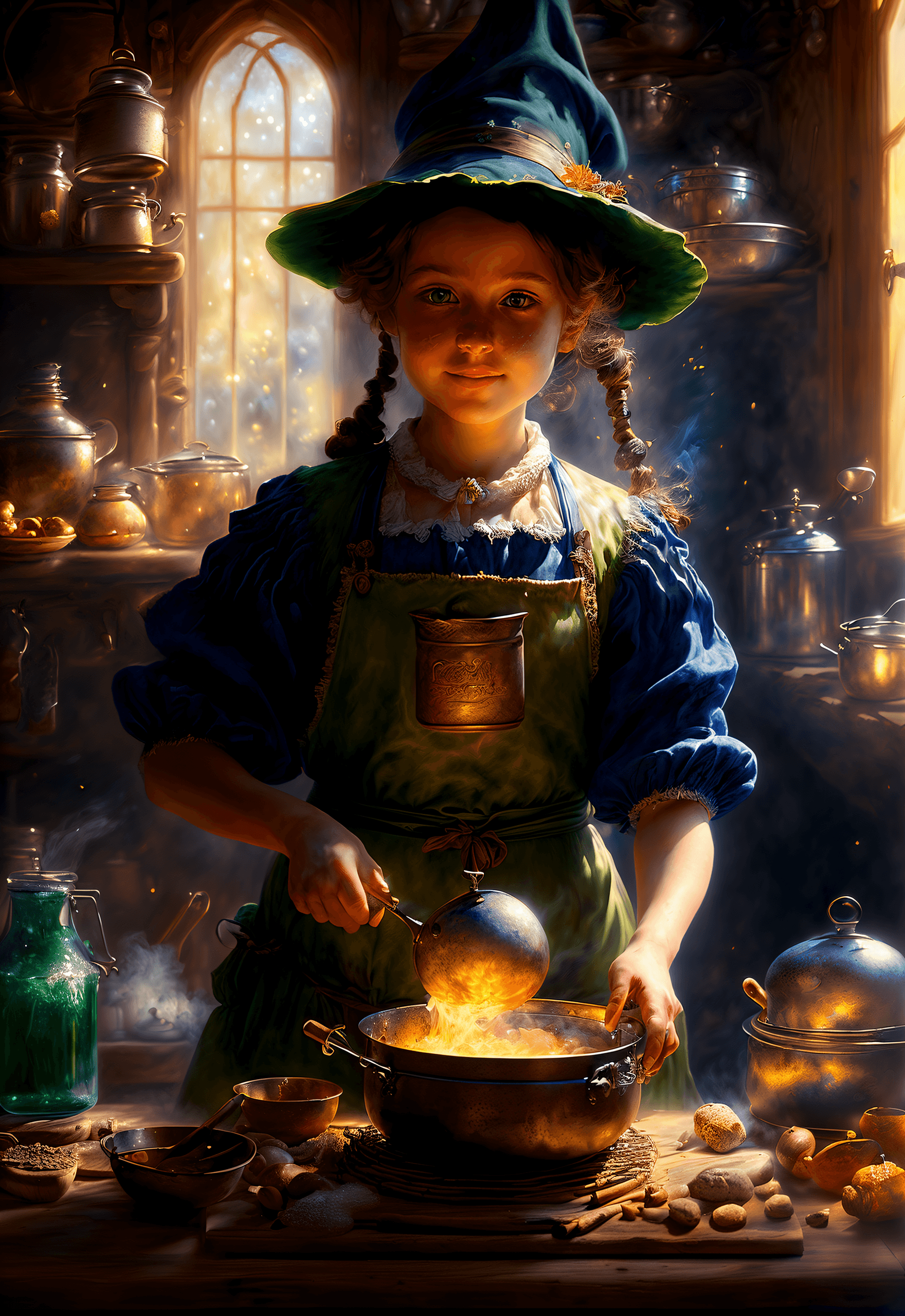 AI generated: (masterpiece, award winning, highest quality), digital painting of a cute witch 1girl cooking potion...