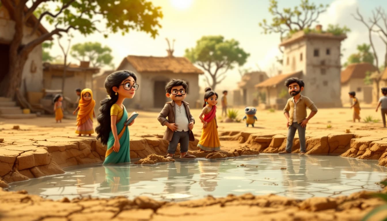 AI generated: "A 3D cartoon-style village with a dried-up pond in the center. The soil is cracked and dry, with a ...