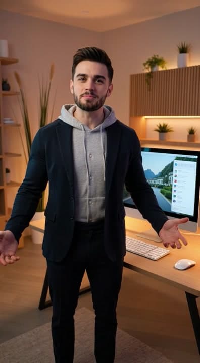 AI generated video: ​"A 15-second Facebook Reels video. Scene 1: A well-dressed stylish man standing in a beautifully li...