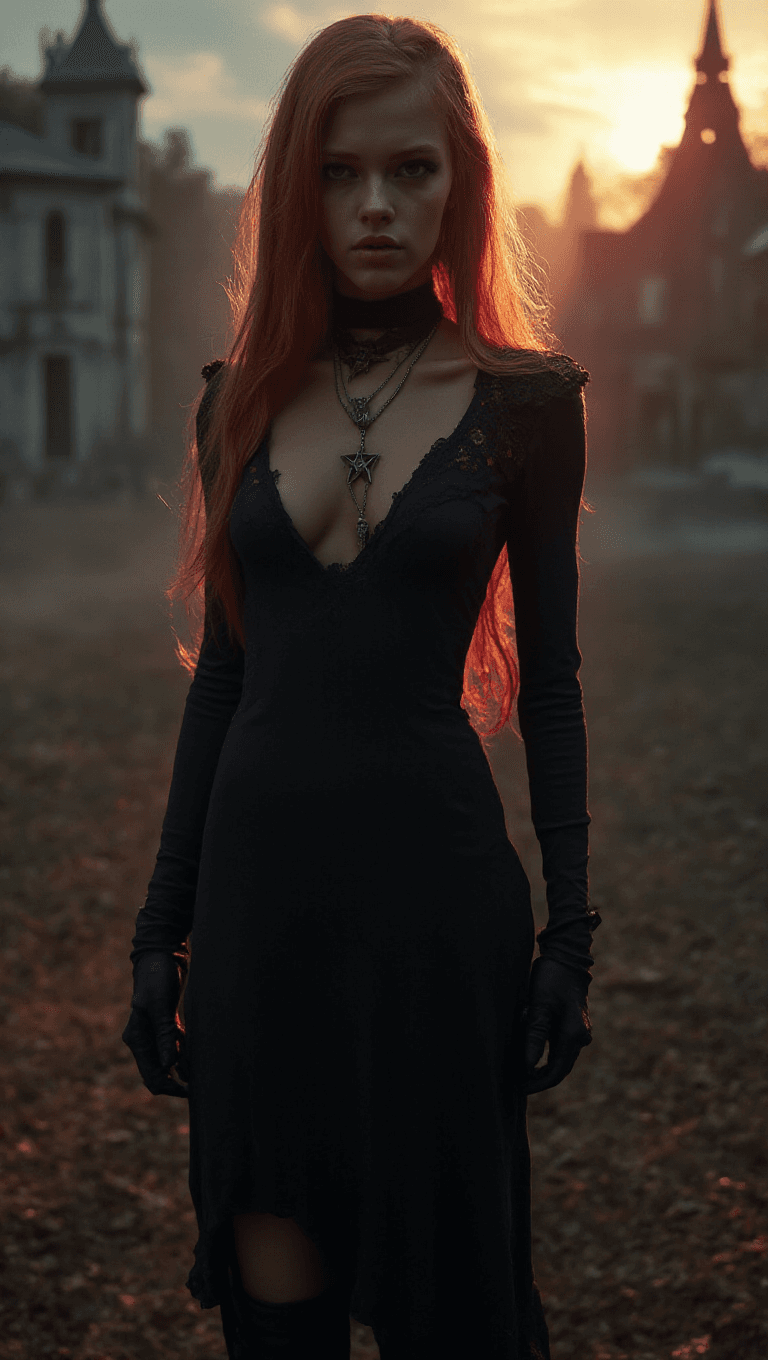 AI generated: Full-body shot of a young thin woman with copper-colored hair, pale skin, black-painted eyes, a sini...