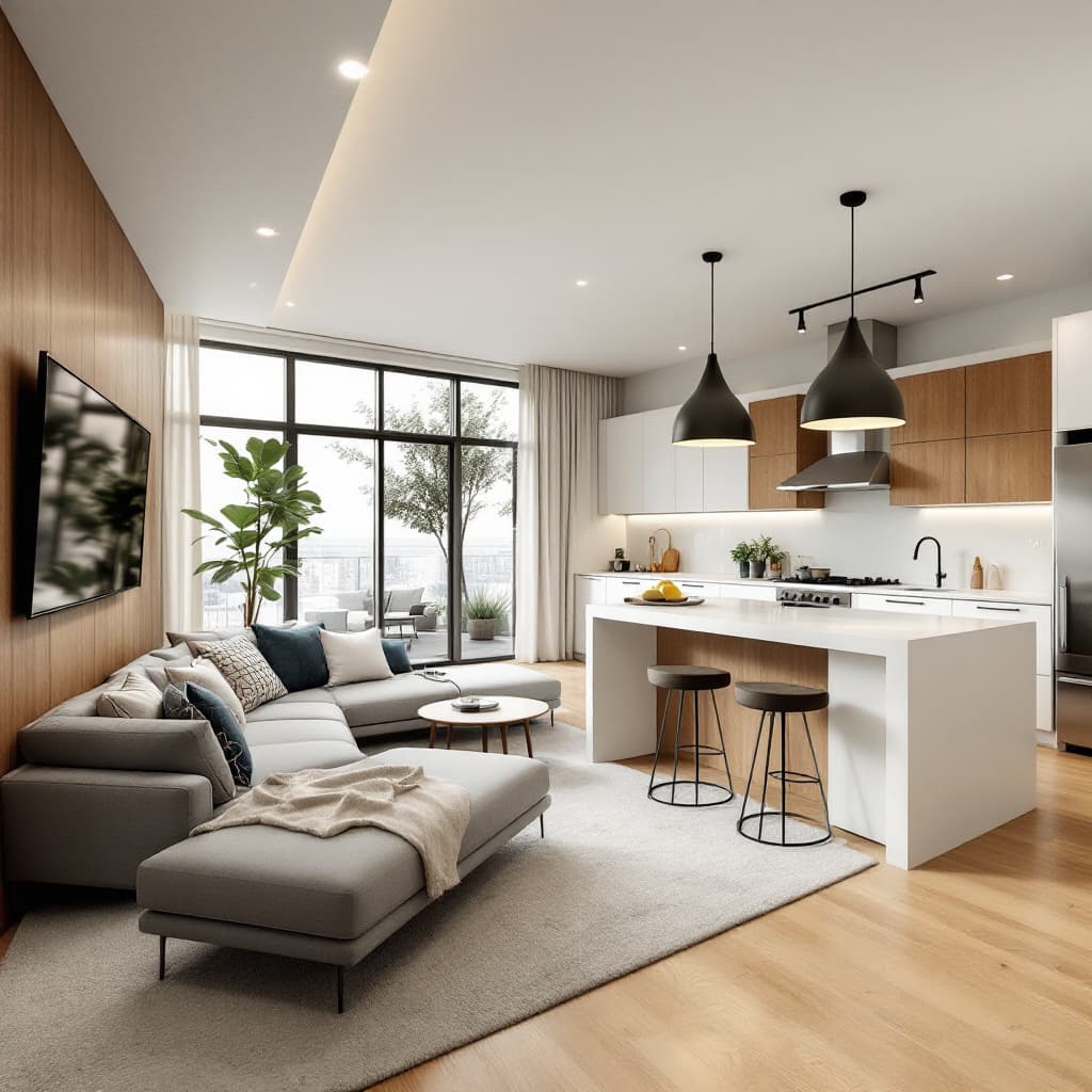 AI generated: A modern and stylish open-concept living room and kitchen with a warm, inviting atmosphere. The livi...