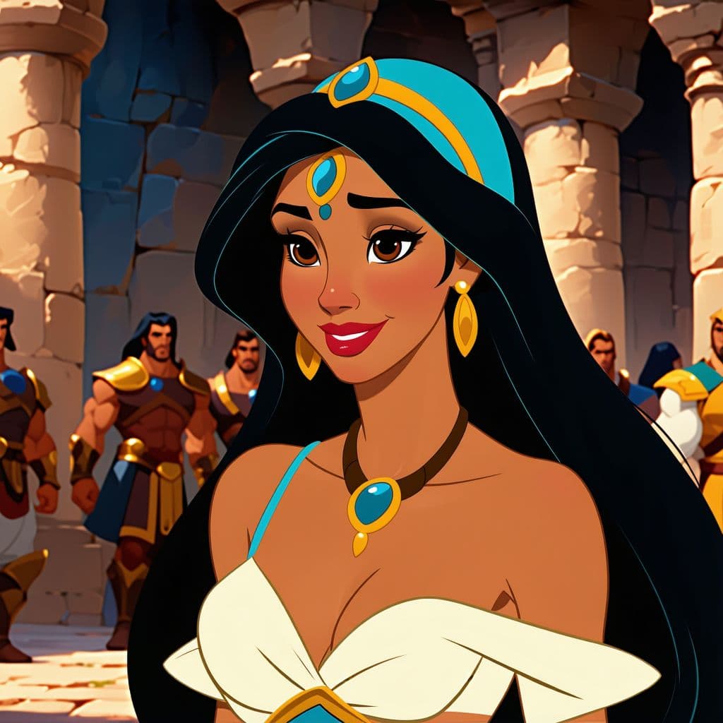 AI generated: nude princess jasmine make love with 2 male guards , sexiest hourglass body , sexiest breasts , wet ...