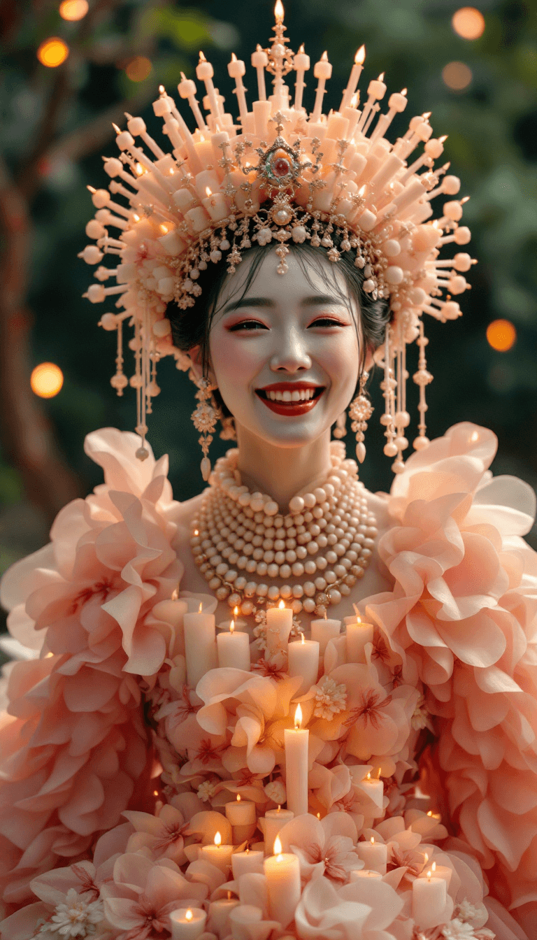 AI generated: candid closeup photo of a giggling eccentric japanese candle queen wearing a dress made of candles, ...