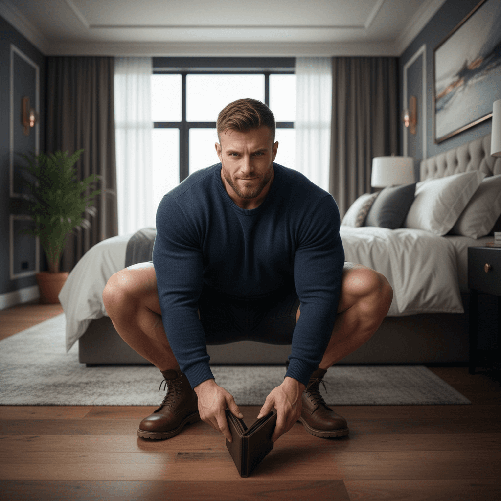 AI generated:  At a large bedroom. The model is a bodybuilder, he has muscular shoulders, and huge muscular legs. ...