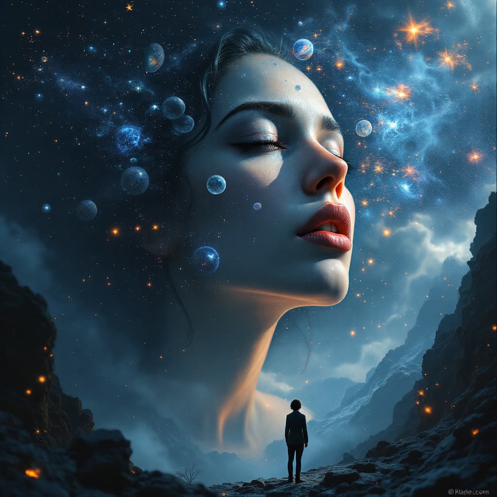 AI generated: enormous giantess, minuscule galaxy in front of her mouth, photo-realistic hyperbole --v 5.2