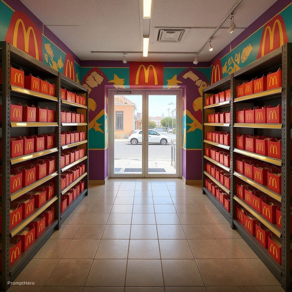 AI generated: transform this exact room into a vibrant 1990s McDonald's pop-up store, same architecture strictly p...
