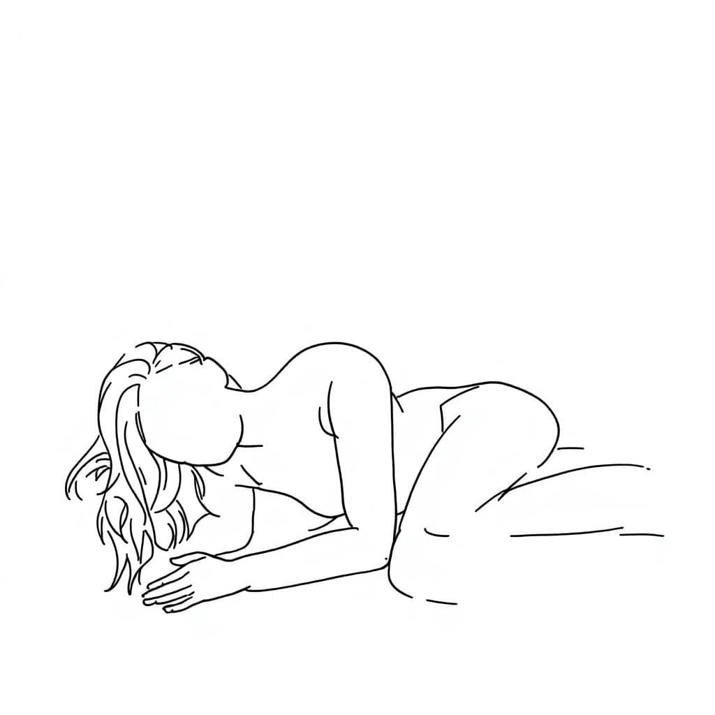AI generated: A minimalistic line-art sketch of a human figure lying face down, with hips slightly raised. The leg...