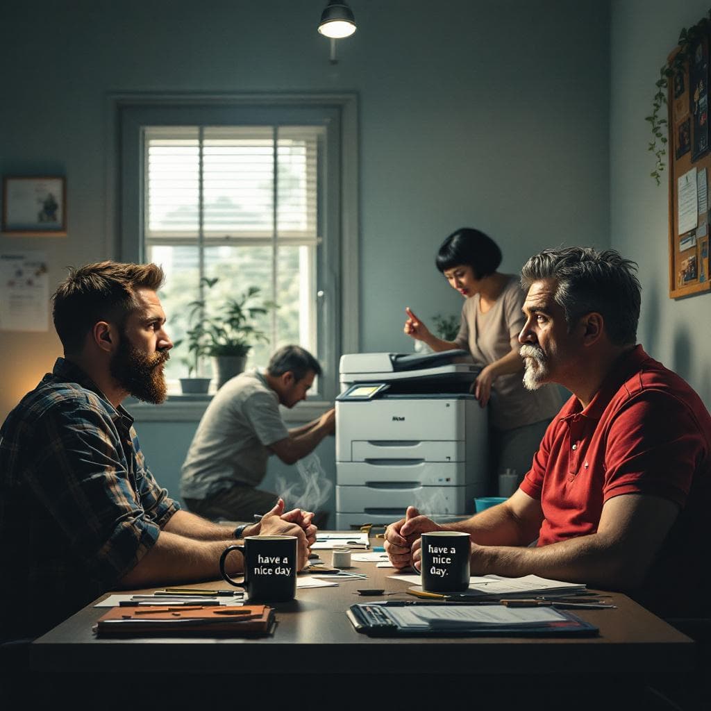 AI generated: Generate a realistic lifelike image of a small office, there are two corner desks opposite each othe...