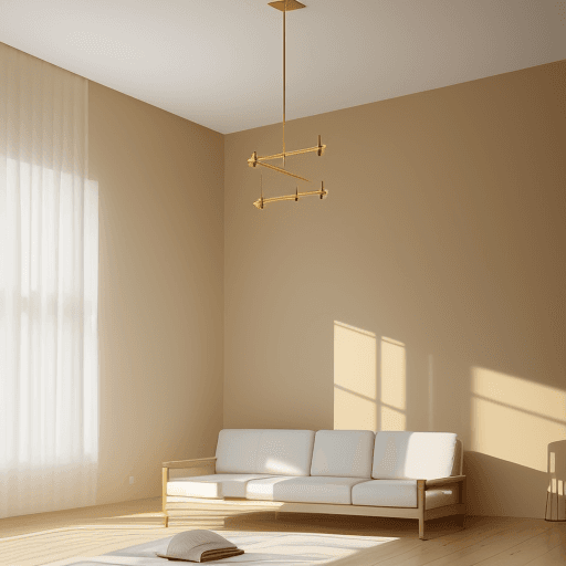 AI generated: photography, minimalist interior space bathed in golden light from an expansive square light fixture...