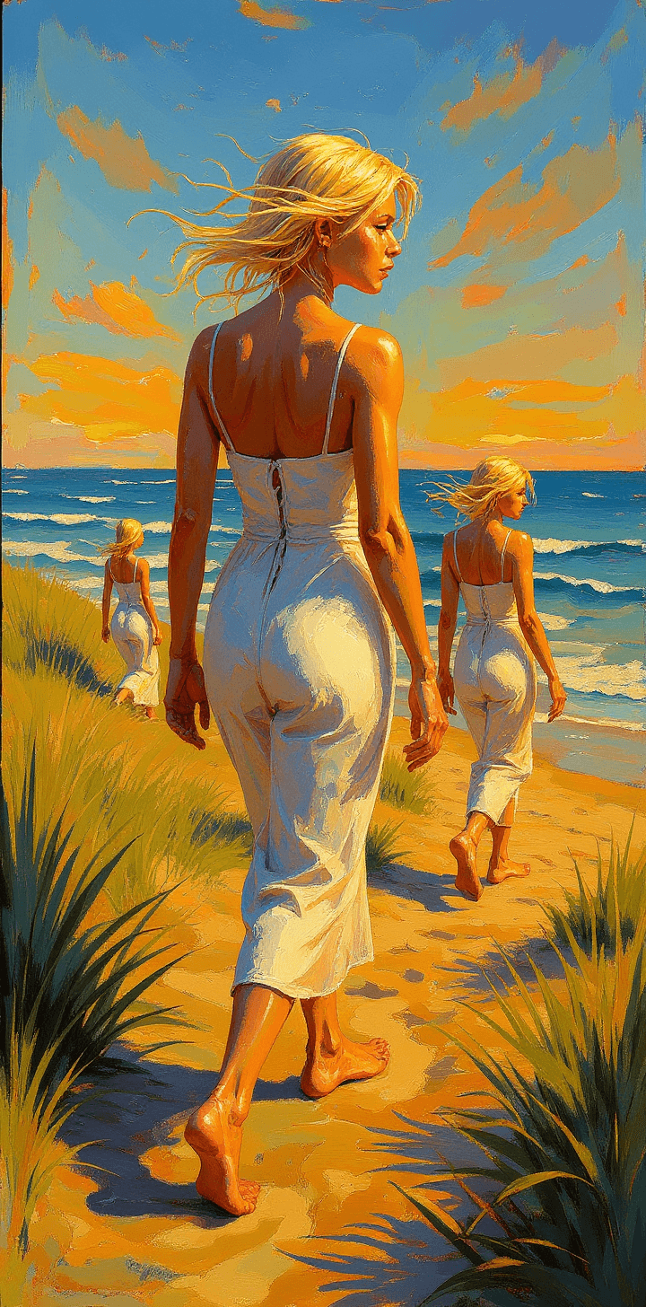 AI generated: portrait of a blond woman, in the style of Greg Hildebrandt, coastal landscapes, women walking away ...